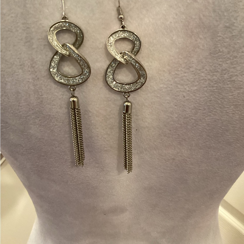 Silver Infinity Tassel Drop Earrings with Sparkle Accents